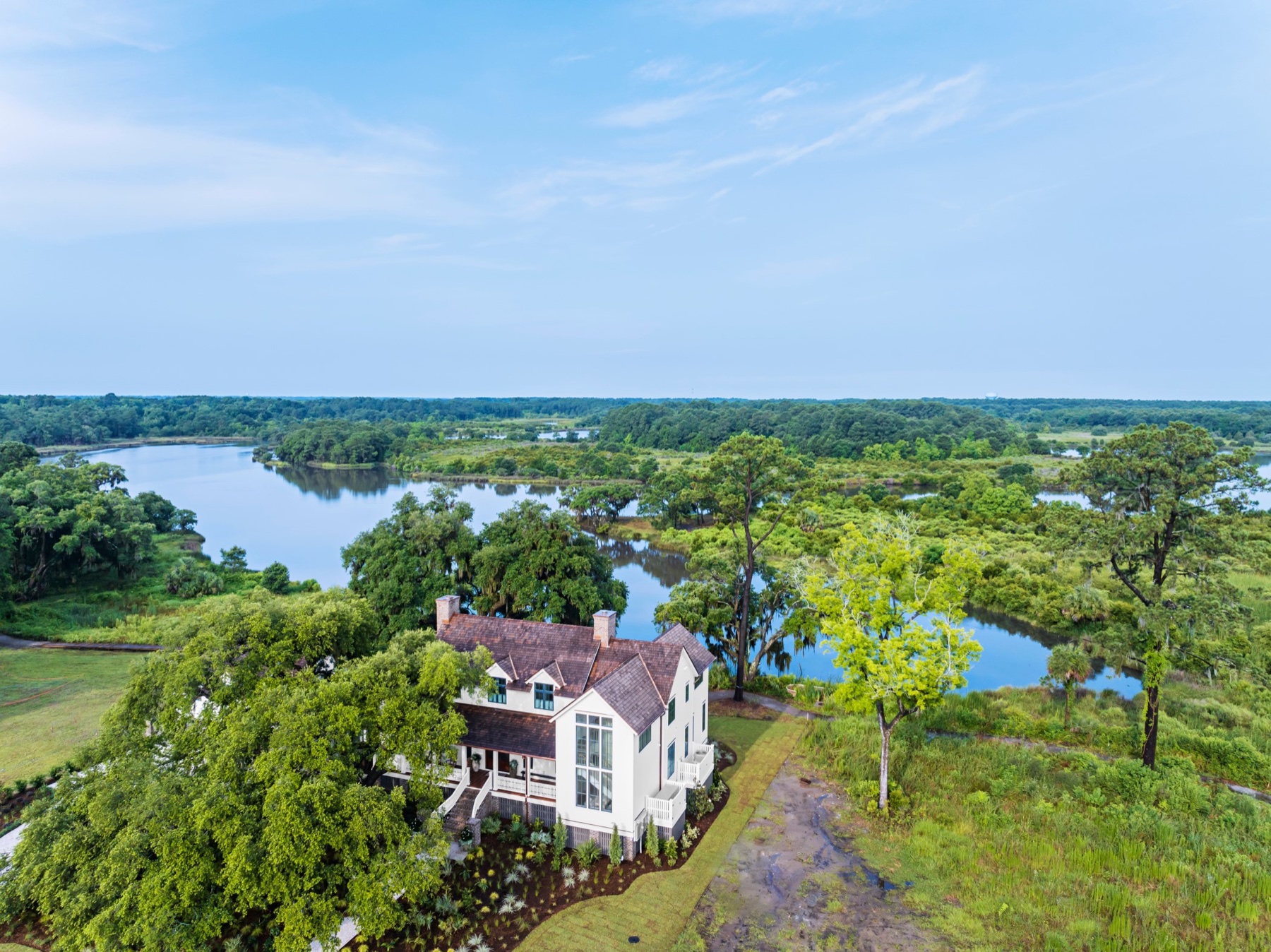 Marsh, creeks and live oaks on Kiawah Island from above